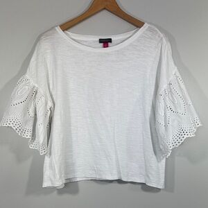 Vince Camuto White Eyelet Sleeve Cotton Shirt Size Medium